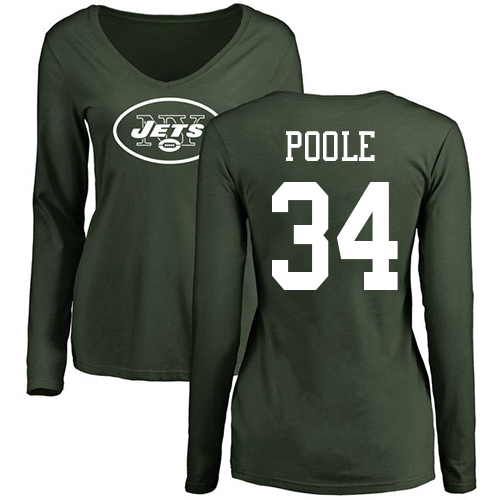 New York Jets Green Women Brian Poole Name and Number Logo NFL Football #34 Long Sleeve T Shirt->nfl t-shirts->Sports Accessory